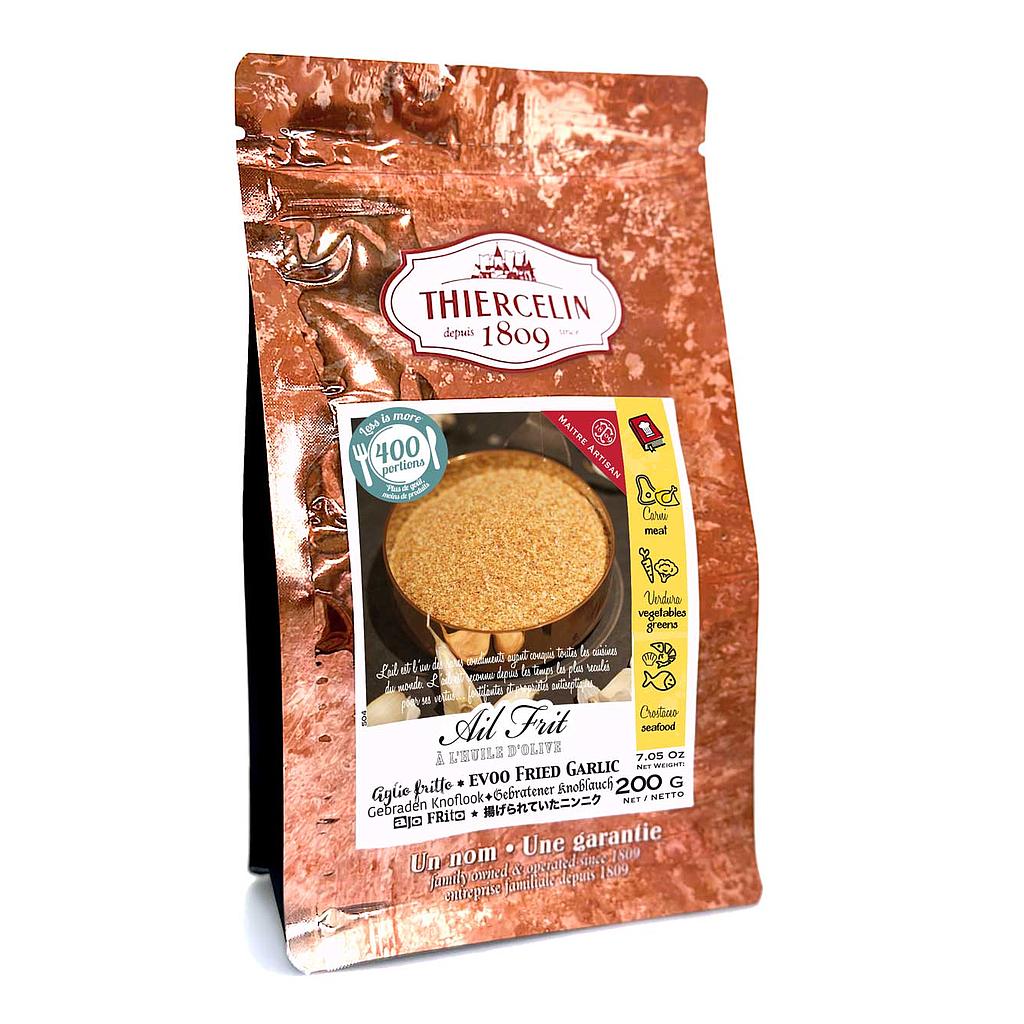 Ajo frito, en aceite de oliva y machacado, bolsa de 200 g con cierre hermético para mantener la frescura.