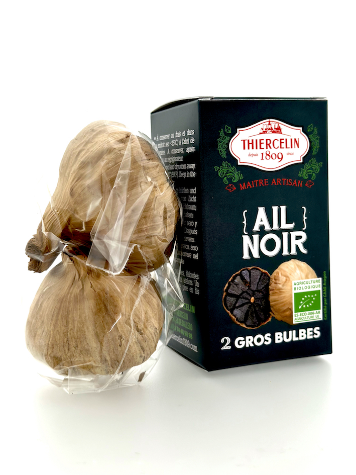 AIL NOIR BIO, 2 bulbes entiers gros calibre, issu de l'agriculture biologique, boîte carton, 100 g