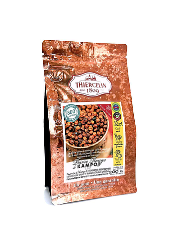 Pimenta vermelha de Kampot, fruto seco (drupa), embalagem de 200g com fecho hermético para manter a frescura.