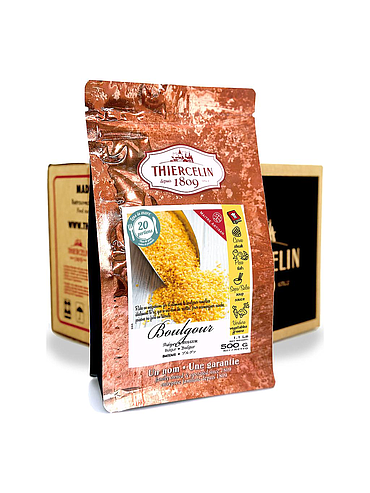 Bulgur claro, grãos descascados, embalagem de 500g com fecho hermético para manter a frescura, caixa com 12 embalagens de 500g.