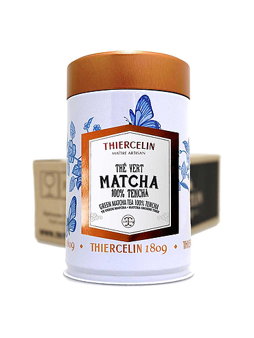 Chá verde Matcha em pó, Japão, lata metálica, caixa com 12 saquetas de 125g