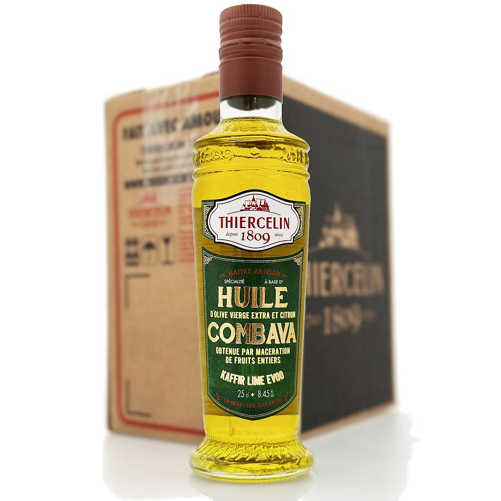 Azeite virgem extra com limão kaffir, aromatizado naturalmente, em garrafa de vidro reciclado com bico doseador integrado, caixa com 6 unidades de 25 cl