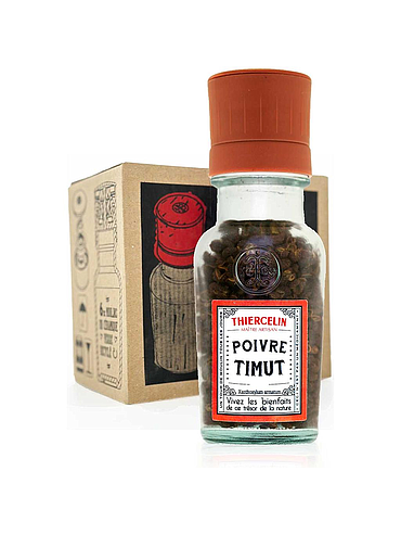 PIMIENTA TIMUT DE NEPAL + MOLINILLO, frutos secos (láminas), tarro de cristal reciclado y molinillo de cerámica, Caja de 6 x 30g
