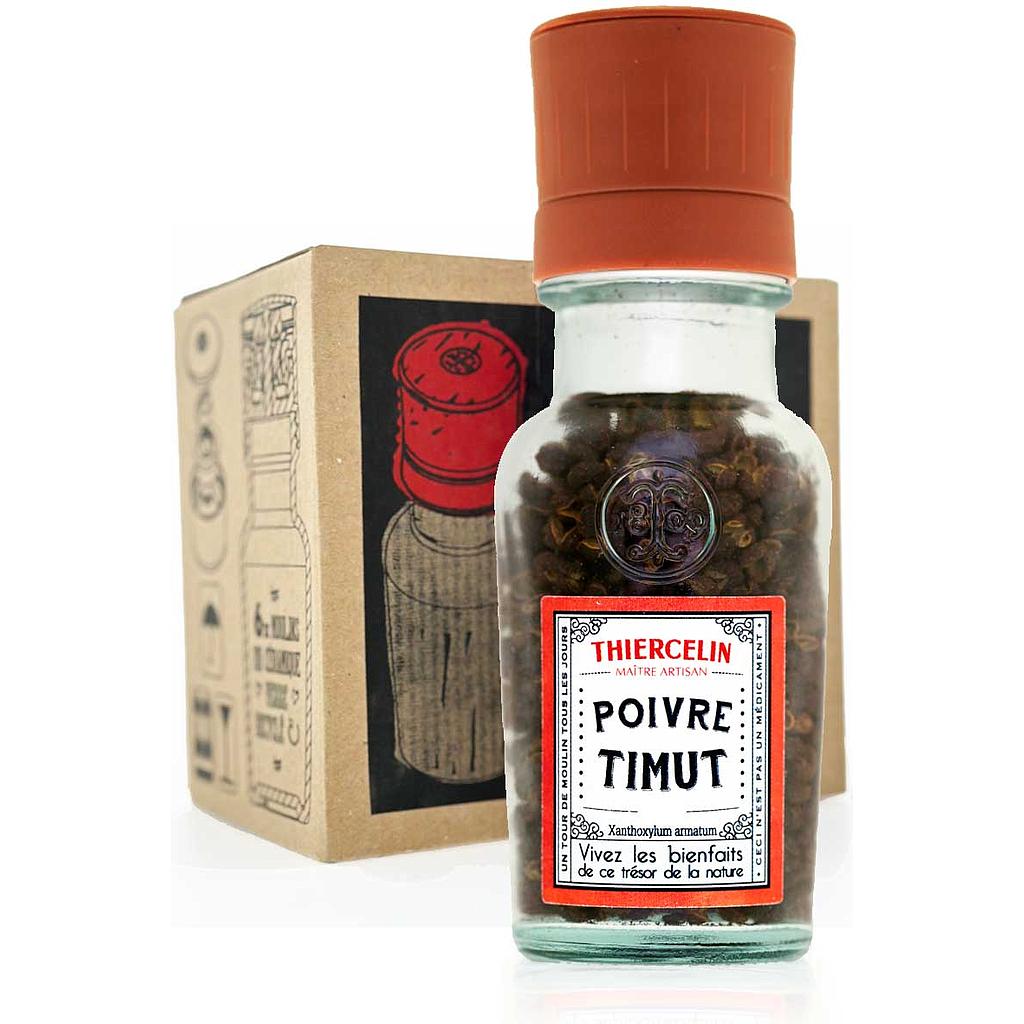Pimenta Timut do Nepal + Moinho, frutos secos (embalagens), frasco em vidro reciclado e moedor em cerâmica, caixa com 6 saquetas de 30g.