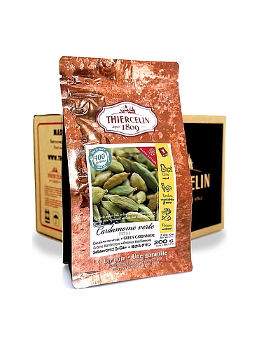 Grüner Kardamom, ganze Kapseln, wiederverschließbarer Frischebeutel, Karton mit 12 x 200 g