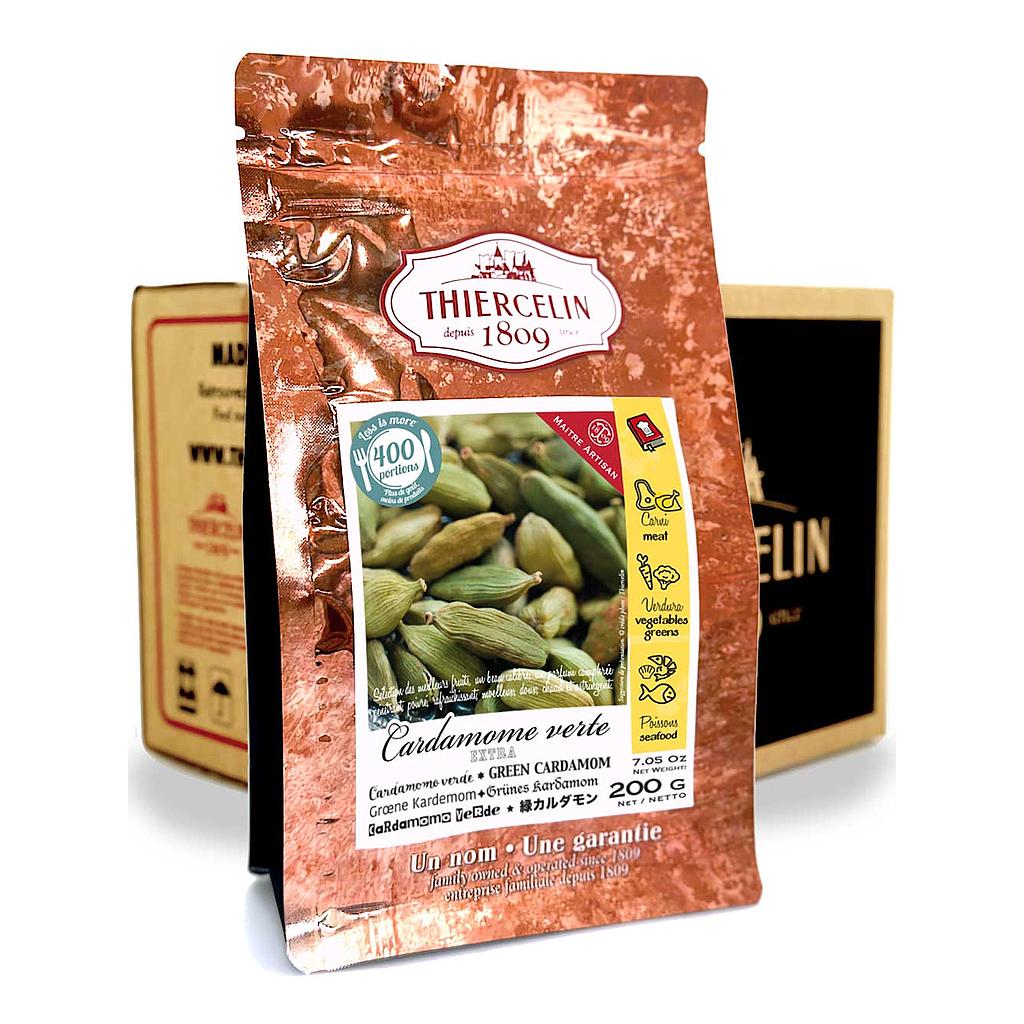 Grüner Kardamom, ganze Kapseln, wiederverschließbarer Frischebeutel, Karton mit 12 x 200 g