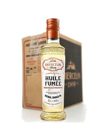 Gerookte olie, vloeibaar, fles met geïntegreerde schenktuit, doos van 6 x 25 cl
