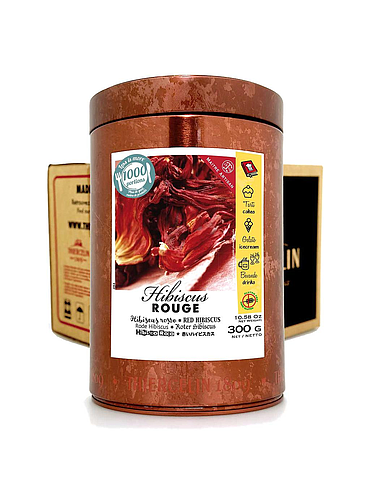 Roter Hibiskus, getrocknete Blüten, Metalldose, Karton mit 6 x 300 g