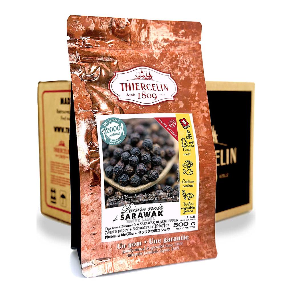 Kerala-Schwarzer Pfeffer, getrocknete Steinfrüchte, wiederverschließbarer Frischebeutel, Karton mit 12 x 500 g