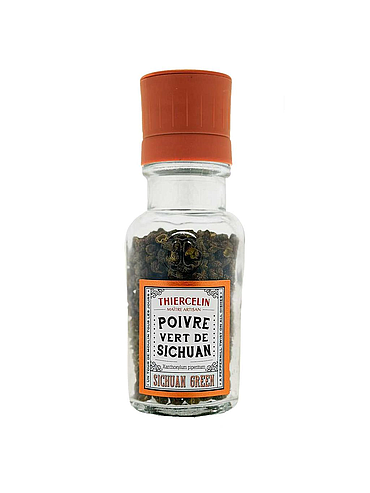 Grön sichuanpeppar + kvarn, torkad frukt (folliklar), återvunnen glasburk och keramisk kvarn, 25 g