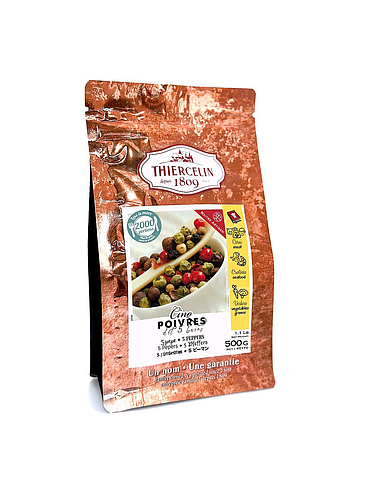 CINQ POIVRES (dit 5 BAIES), mélange de poivres entiers, sachet fraîcheur refermable 500 g