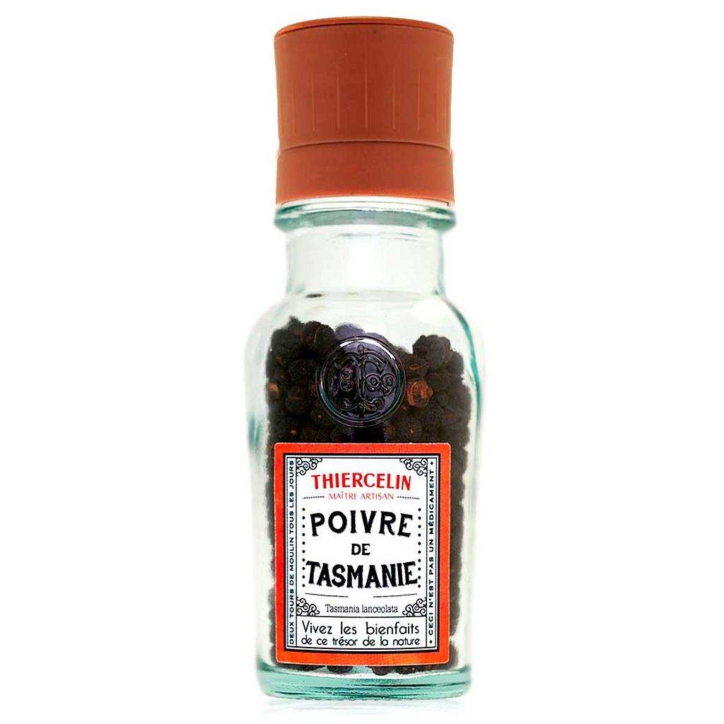 POIVRE DE TASMANIE + GRINDER, fruits séchés (baies), écrin en verre recyclé et son moulin en céramique 40 g