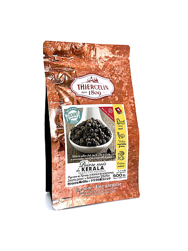 Kerala svartpeppar, torkad frukt (drupes), 500 g återförslutningsbar färskhetspåse