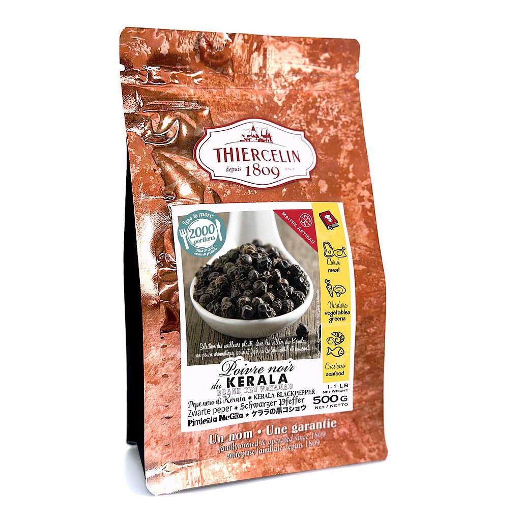 Pepe nero del Kerala, frutta secca (drupe), 500 g, busta richiudibile per preservarne la freschezza.