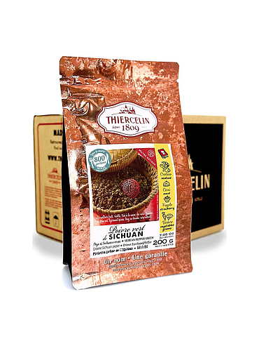 Grüner Sichuanpfeffer, getrocknete Früchte (Bollikel), wiederverschließbarer Frischebeutel, Karton mit 12 x 200 g