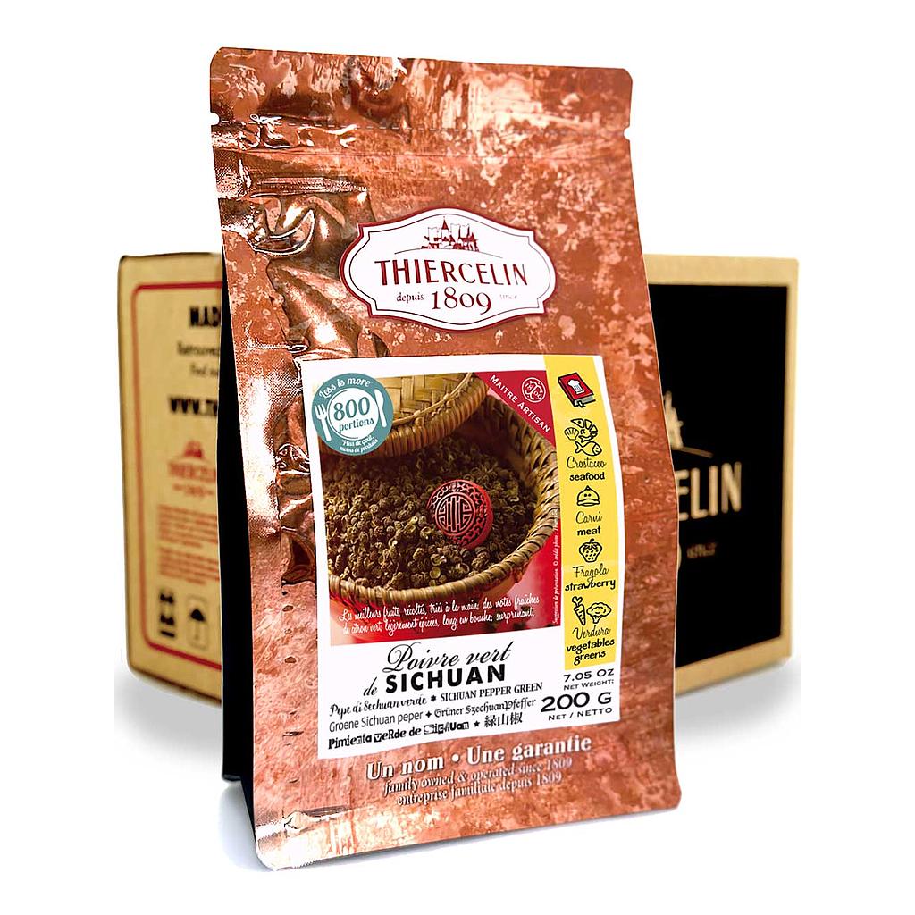 Groene Sichuanpeper, gedroogde vrucht (vruchtzakjes), hersluitbare vershoudzak, doos van 12 x 200 g
