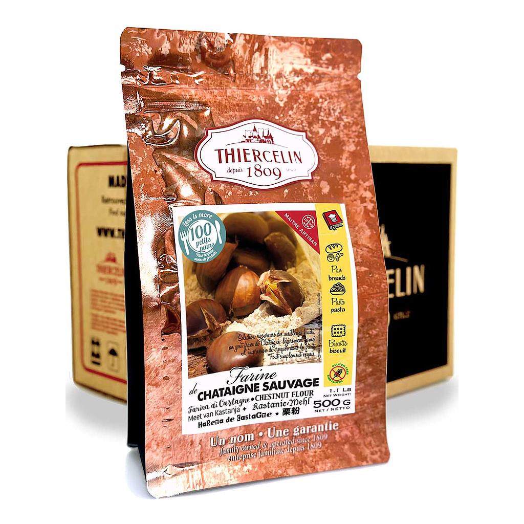 Farina di castagne selvatiche, in polvere, in busta richiudibile per preservarne la freschezza, confezione da 10 x 500 g