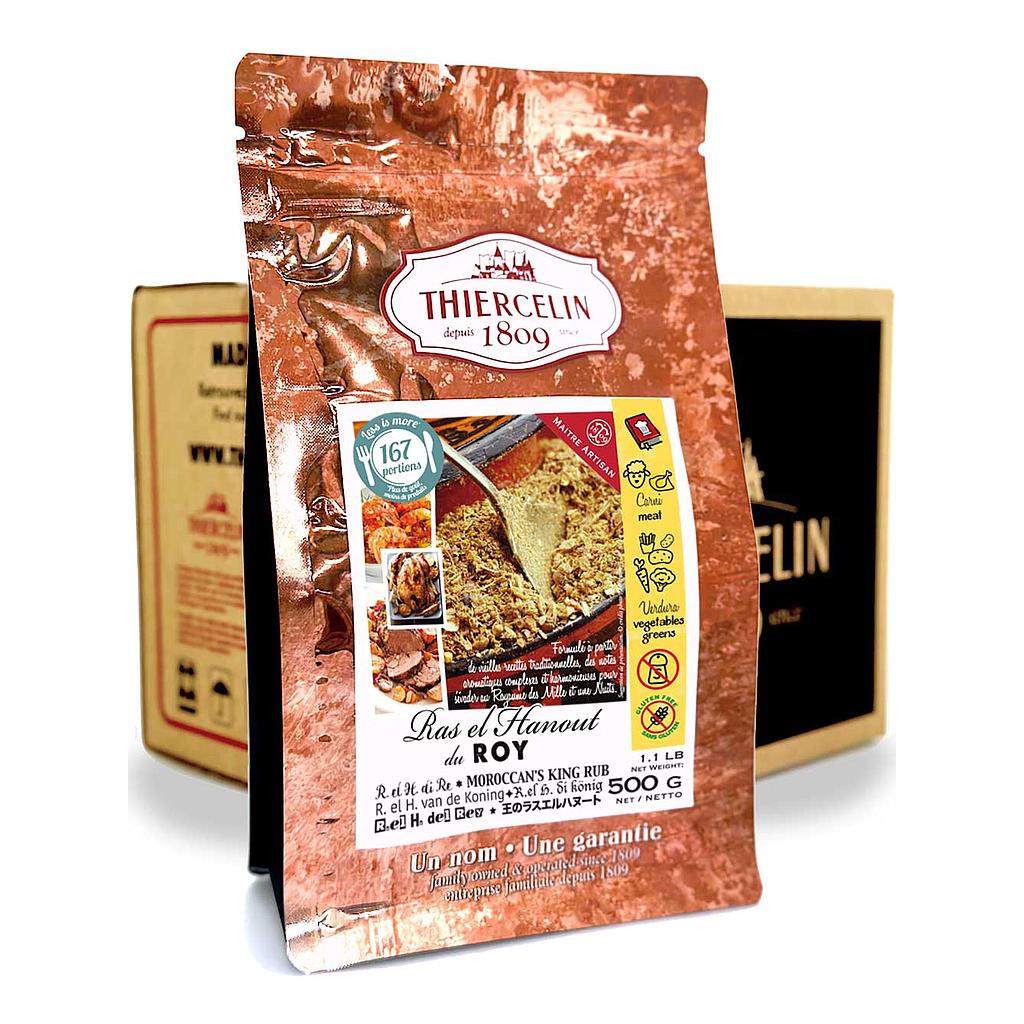 RAS EL HANOUT DU ROY, mistura de especiarias trituradas, embalagem com fecho hermético para manter a frescura, caixa com 12 saquetas de 500g