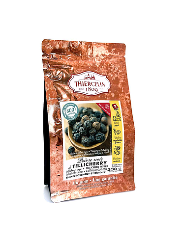 TELLICHERRY ZWARTE PEPER, korrels, hersluitbare vershoudzak 200 g
