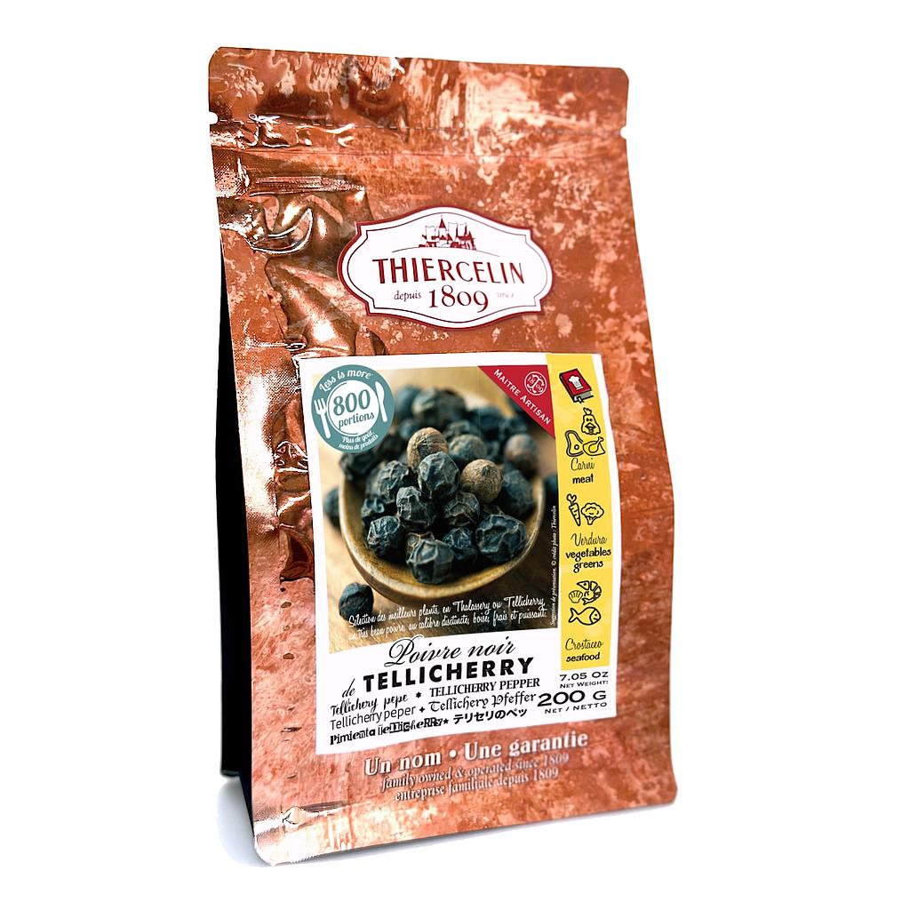 TELLICHERRY ZWARTE PEPER, korrels, hersluitbare vershoudzak 200 g