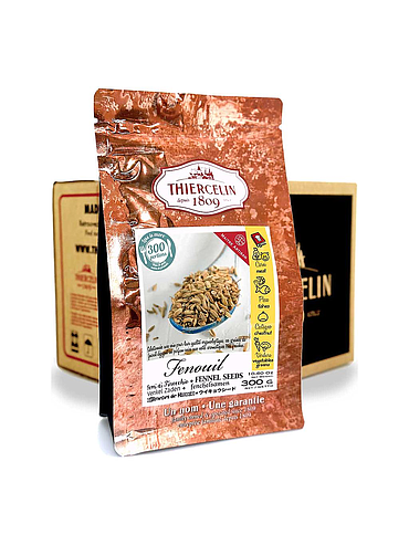 Sementes de funcho, embalagem com fecho hermético para manter a frescura, caixa com 12 pacotes de 300g.