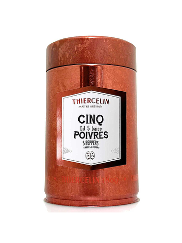 FIVE PEPPERGORNS (também conhecido como 5 GRÃOS DE PIMENTA), uma mistura de grãos de pimenta inteiros, lata de metal, 150 g