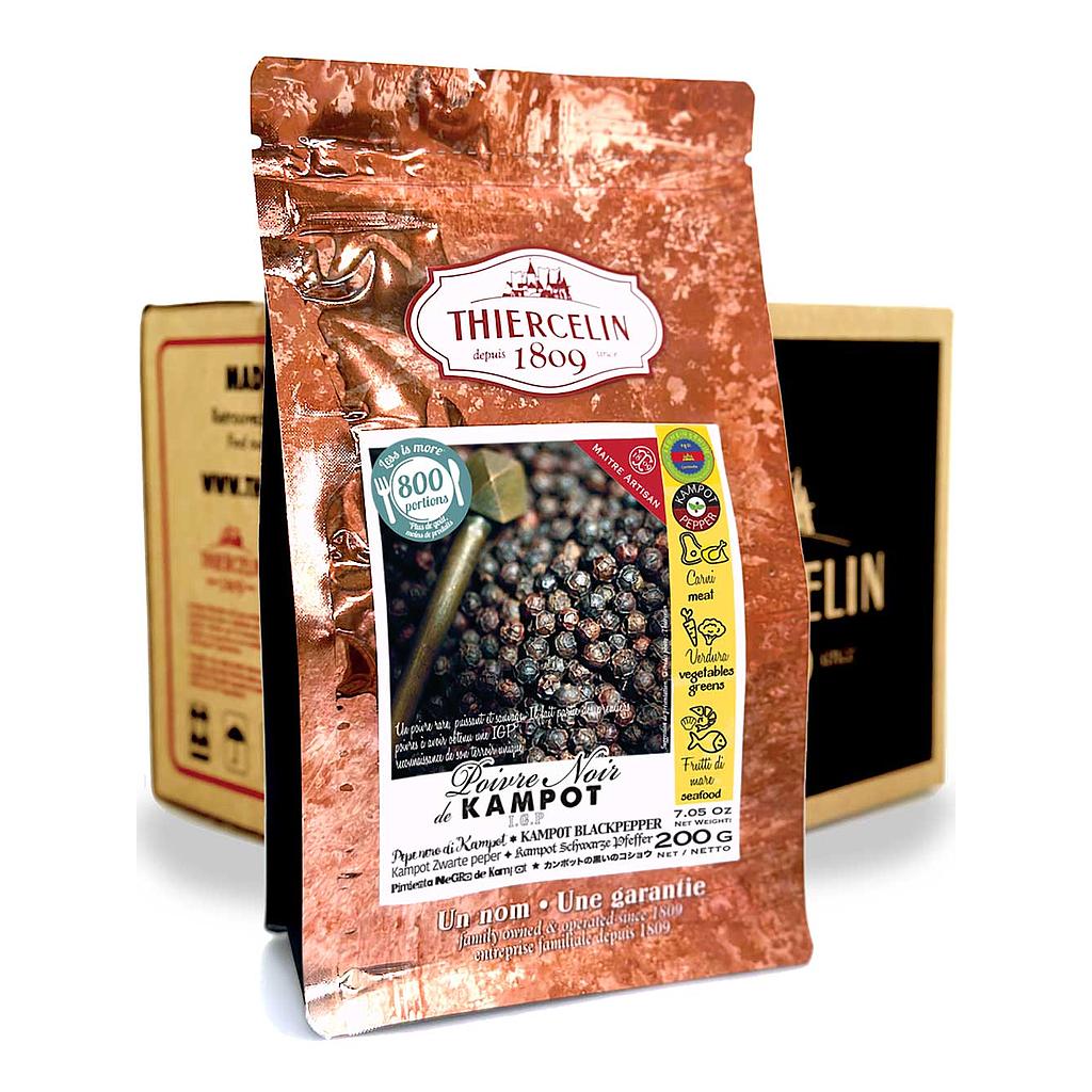 POIVRE NOIR DE KAMPOT, fruits séchés (drupes), sachet fraîcheur refermable, Carton de 12 x 200 g