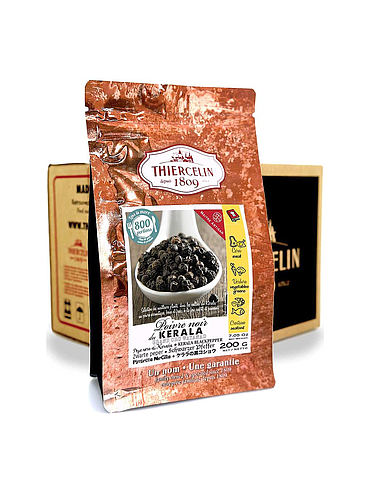 Kerala svartpeppar, torkad frukt (pepparkorn), återförslutningsbar färskhetspåse, kartong med 12 x 200 g