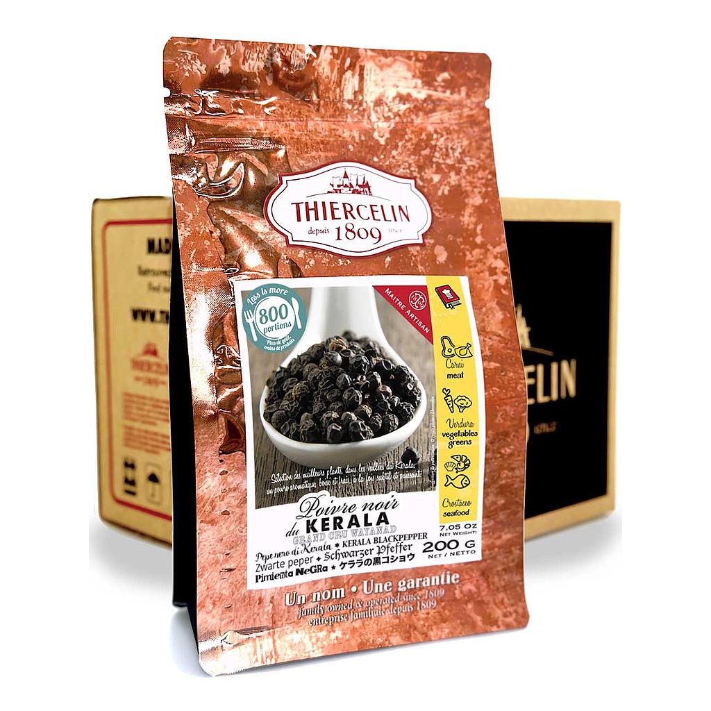 Pepe nero del Kerala, grani di pepe essiccati, busta richiudibile per la conservazione della freschezza, confezione da 12 x 200 g