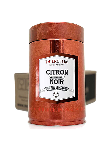 Schwarze Zitrone, ganze getrocknete, fermentierte schwarze Zitronen, Metalldose, Karton mit 12 x 100 g
