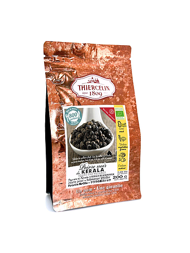 EKOLOGISK KERALASVARTPEPPAR, pepparkorn, från ekologiskt jordbruk, återförslutningsbar färskhetspåse 200 g