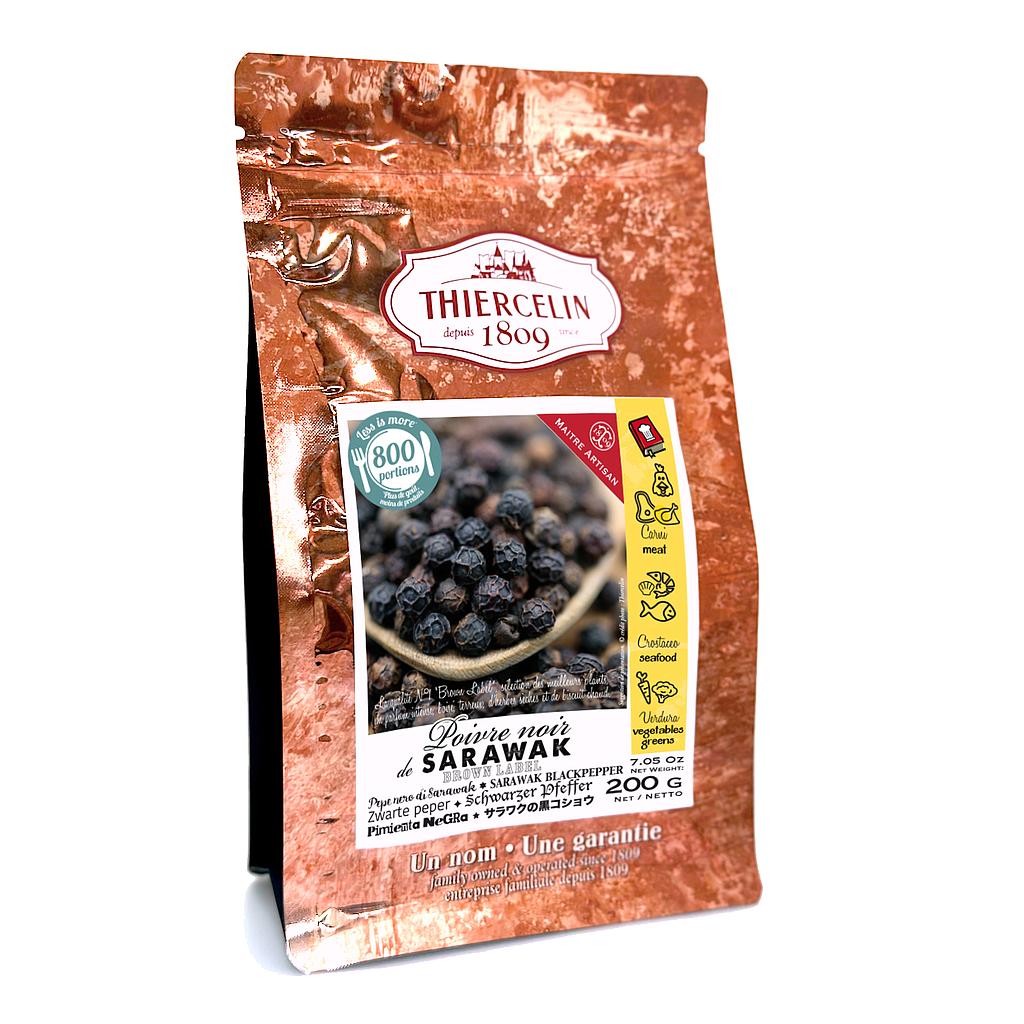 POIVRE NOIR DE SARAWAK, fruits séchés (drupes), sachet fraîcheur refermable 200 g