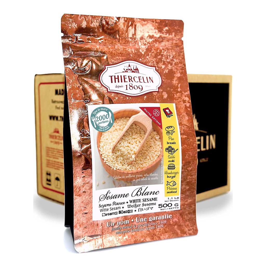 Weiße Sesamsamen, wiederverschließbarer Frischebeutel, Karton mit 12 x 500 g