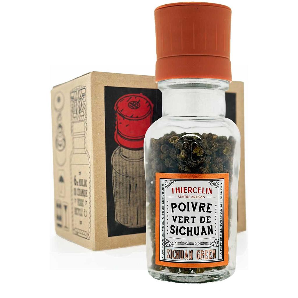 PEPE VERDE DEL SICHUAN + MACINA, frutta secca (foglie), barattolo di vetro riciclato e macina in ceramica, cartone da 6 x 25 g