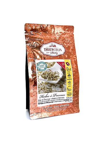 Erbe di Provenza, raccolte in Francia, finemente tritate, in busta richiudibile per preservarne la freschezza, 250 g