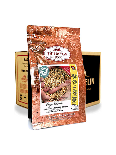 Cevada nacarada, grão, embalagem com fecho hermético para manter a frescura, caixa com 10 saquetas de 1 kg.