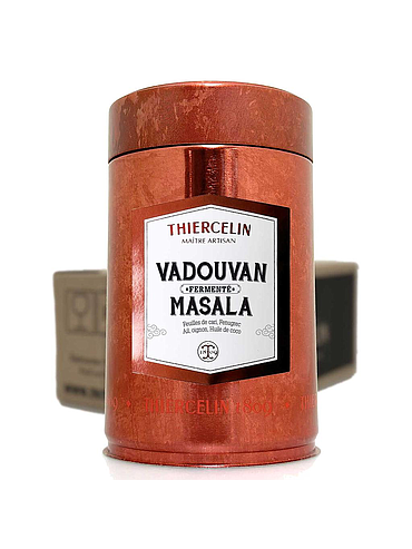 VADOUVAN MASALA, mistura de especiarias fermentadas, lata metálica, caixa com 12 saquetas de 110g.