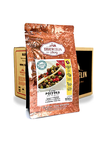 CINCO PIMIENTAS, mezcla de pimienta entera, frescura resellable sobre, Caja de 12 x 500 g 